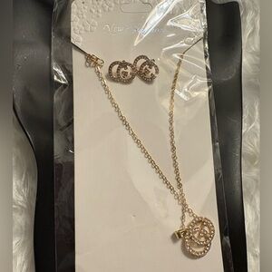 Gold Necklace and Earring Set with Rhinestones